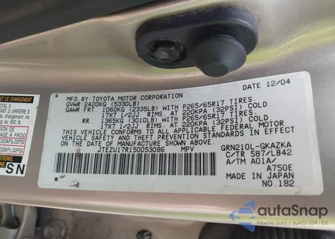 2005 Toyota 4Runner Limited V6 из США, поврежденный, VIN JTEZU17R150053086